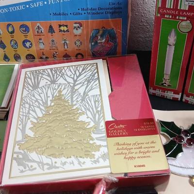 Christmas decorations metal pinecone lantern, mugs, candles, cards, vintage stained glass ornament kit and more