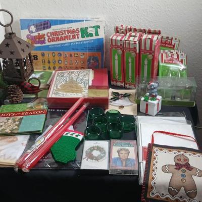 Christmas decorations metal pinecone lantern, mugs, candles, cards, vintage stained glass ornament kit and more