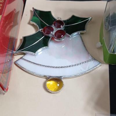 Christmas decorations metal pinecone lantern, mugs, candles, cards, vintage stained glass ornament kit and more