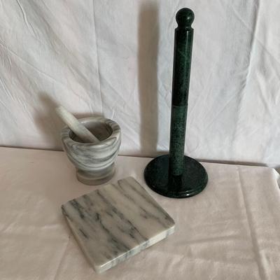 Marble Paper Towel Holder, Mortar & Pestle, and Trivet (K-HS)
