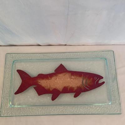 Signed Charleton Fused Glass Platter with Copper Salmon & Bubbled Glass Bowl by Biot (K-HS)