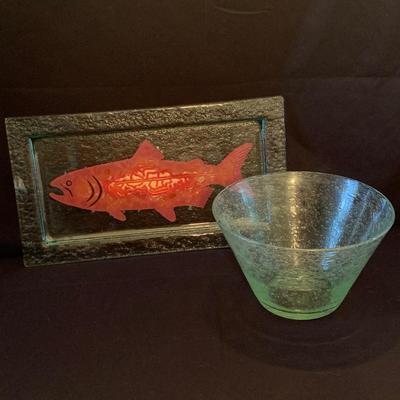 Signed Charleton Fused Glass Platter with Copper Salmon & Bubbled Glass Bowl by Biot (K-HS)