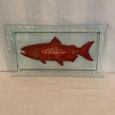 Signed Charleton Fused Glass Platter with Copper Salmon & Bubbled Glass Bowl by Biot (K-HS)