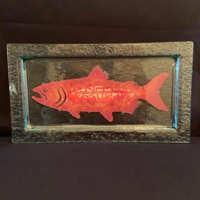 Signed Charleton Fused Glass Platter with Copper Salmon & Bubbled Glass Bowl by Biot (K-HS)