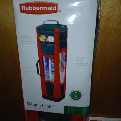 Rubbermaid Wrap n craft storage container with lots of wrapping supplies