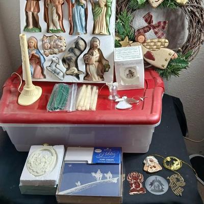 Christmas nativity set and other religious Christmas with a storage tote