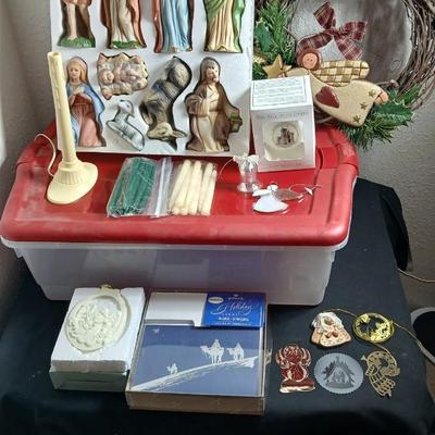 Christmas nativity set and other religious Christmas with a storage tote