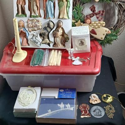 Christmas nativity set and other religious Christmas with a storage tote