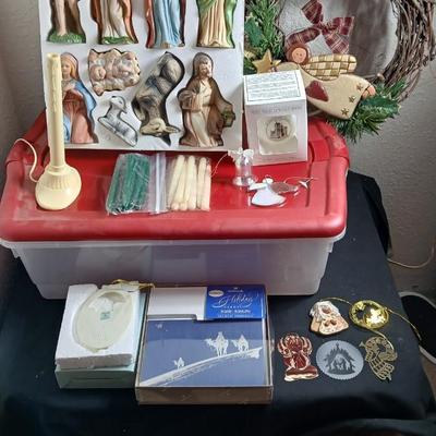 Christmas nativity set and other religious Christmas with a storage tote