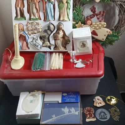 Christmas nativity set and other religious Christmas with a storage tote