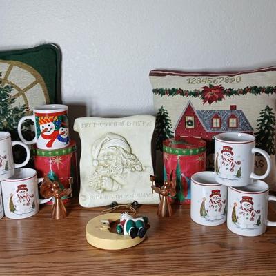 Christmas throw pillows, Mugs, copper-colored angels, plaque and more