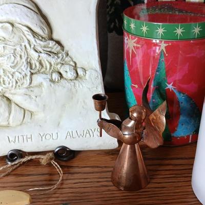 Christmas throw pillows, Mugs, copper-colored angels, plaque and more