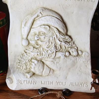 Christmas throw pillows, Mugs, copper-colored angels, plaque and more