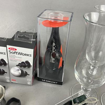 433 Lot of Le Crueset Bottle Opener with Colada Glasses