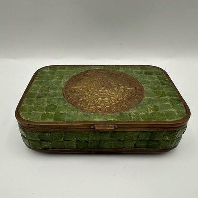 Mexican Brass and Stone Box with Aztec Calendar Medallion