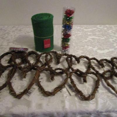 12 Mini grapevine wreaths-heart-shaped, 3 yd x  1-1/4" red, white & blue ribbon, 15' x 5-1/2" green burlap ribbon, pk...