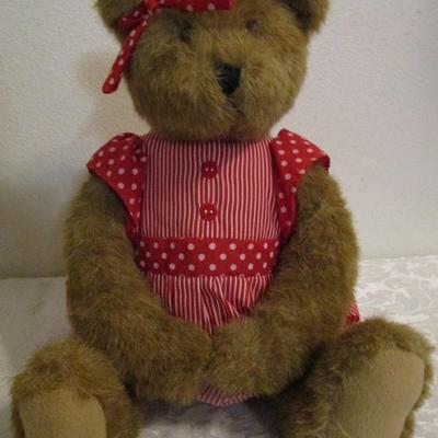 Stuffed bear with red & white dress, 12" sitting