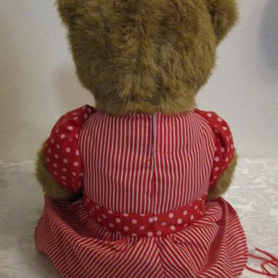 Stuffed bear with red & white dress, 12" sitting