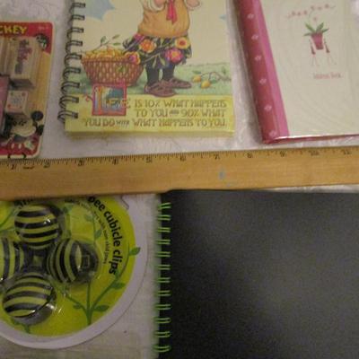 Address book, journal, rubber stamps cubicle clips, labels