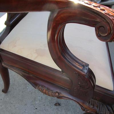 Vintage padded, carved wood captain's chair, needs upholstering