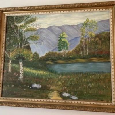 MID-CENTURY OIL ON BOARD PAINTING SIGNED BY DOT TIEDEMAN 1957 FRAME SIZE 27"x33" IN GOOD PREOWNED CONDITION.