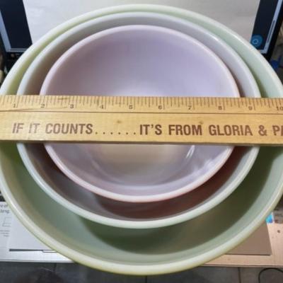 3 VINTAGE Pyrex "Primary Colors Set" aka "400 Series" Nesting Bowls Milk Glass in Fair-Good Preowned Condition.