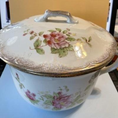 Vintage Early English Chamber Pot w/Lid 9" Diameter Preowned from an Estate as Pictured.