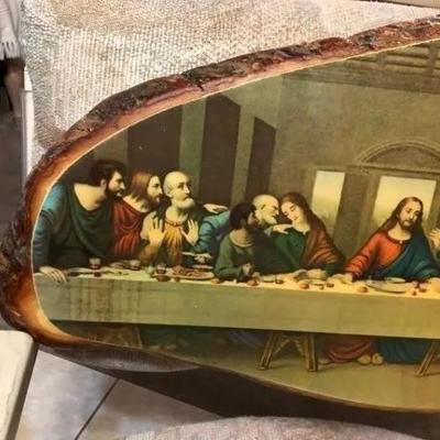 The Last Supper Large Size 12" x 21" on a Wooden Tree Slab Made in USA as Pictured.