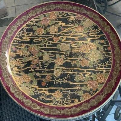 Large Vintage 14" Diameter Chinese Charger Plate w/Gold Raised Accents in VG Preowned Condition.