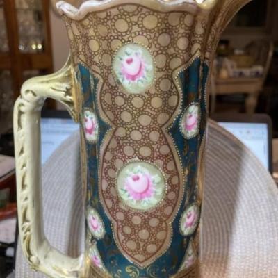 Antique Victorian Era Decorated Tankard/Pitcher Unmarked Base 13.5" Tall in Good Preowned Condition.