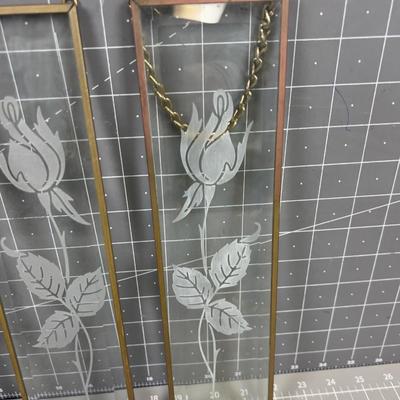 (3) Beveled Glass Etched Rose Panels