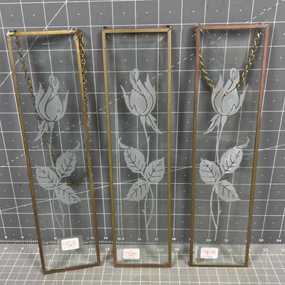 (3) Beveled Glass Etched Rose Panels
