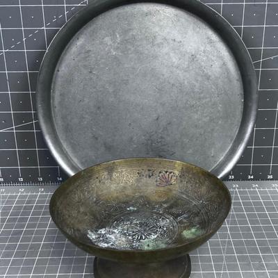 Pewter Tray and Brass Bowl 