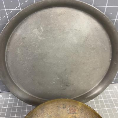 Pewter Tray and Brass Bowl 