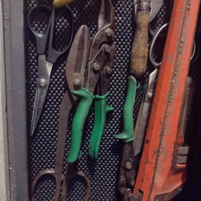 Assortment of Aviation Snips and Pipe Wrenches