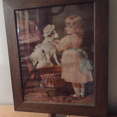 Framed Art Print Little Girl and Dressed Up Dog