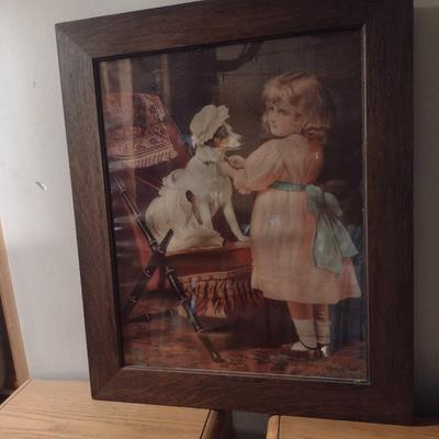 Framed Art Print Little Girl and Dressed Up Dog