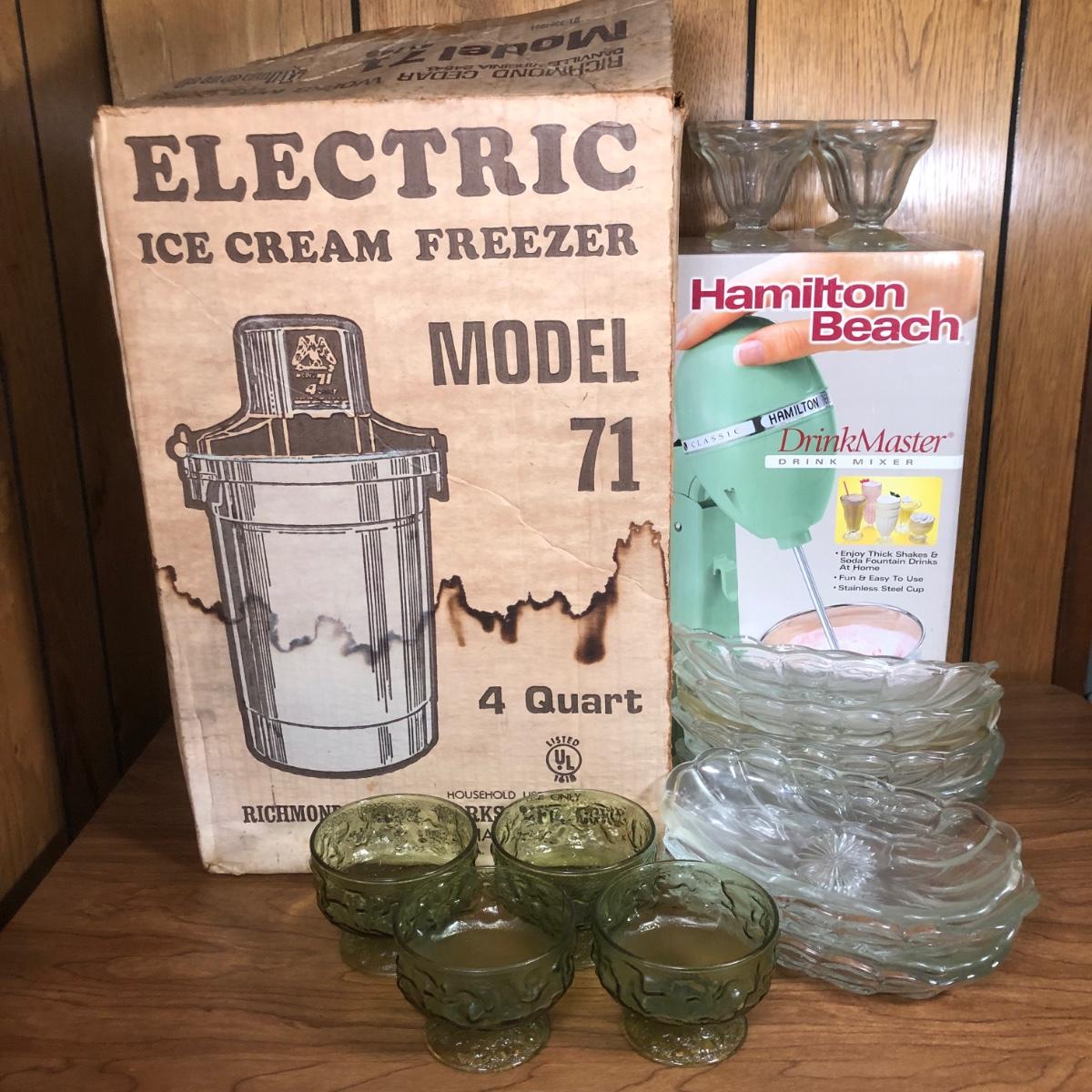 LOT 21D Vintage 4 Quart Richmond Cedar Works Electric Ice Cream Freezer Model 71 Hamilton Beach Turquoise DrinkMaster Glass Ice Cream Dishes EstateSales
