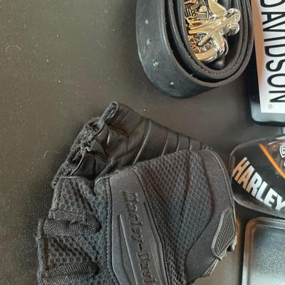 Harley temp, belt, cup, riding gloves and HOG tin