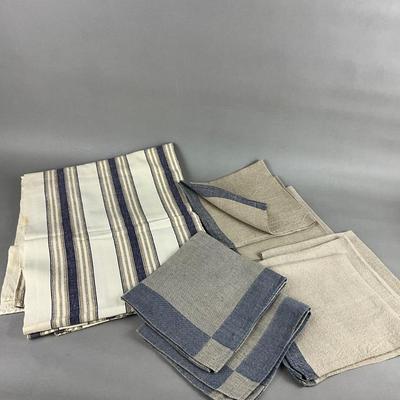 453 Large Blue, White , Taupe Swedish LInen Tablecloth Napkin Set