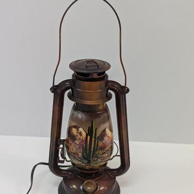 Kerosene Lantern With Desert Cactus & Mountain Scene