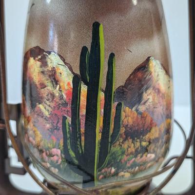 Kerosene Lantern With Desert Cactus & Mountain Scene