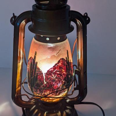 Kerosene Lantern With Desert Cactus & Mountain Scene