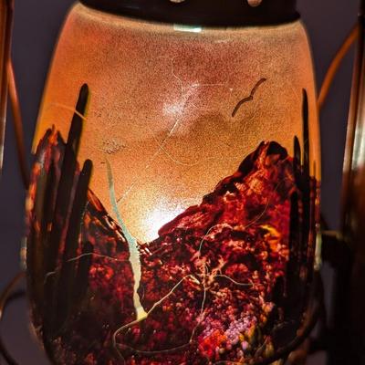Kerosene Lantern With Desert Cactus & Mountain Scene