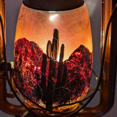 Kerosene Lantern With Desert Cactus & Mountain Scene
