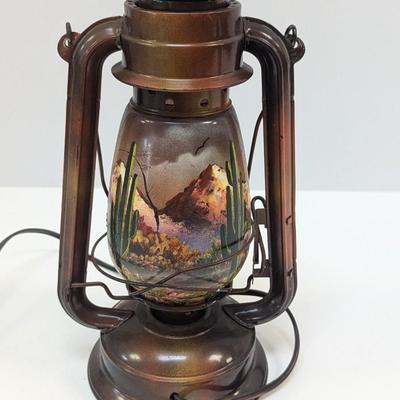 Kerosene Lantern With Desert Cactus & Mountain Scene