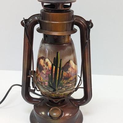 Kerosene Lantern With Desert Cactus & Mountain Scene