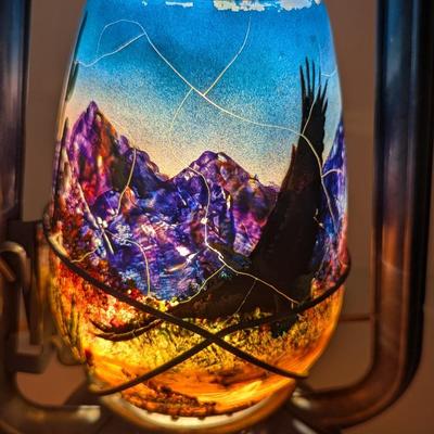 Kerosene Lantern With Eagle Flying & Mountains