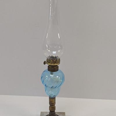 Vintage Blue Glass Swirl & Stone Bass Oil Lamp