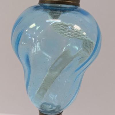 Vintage Blue Glass Swirl & Stone Bass Oil Lamp